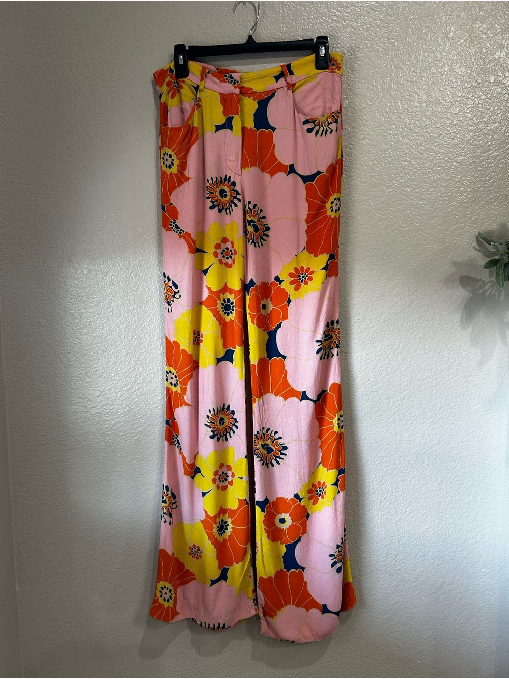 Zara Pink Orange Yellow Floral Wide-Leg Pants